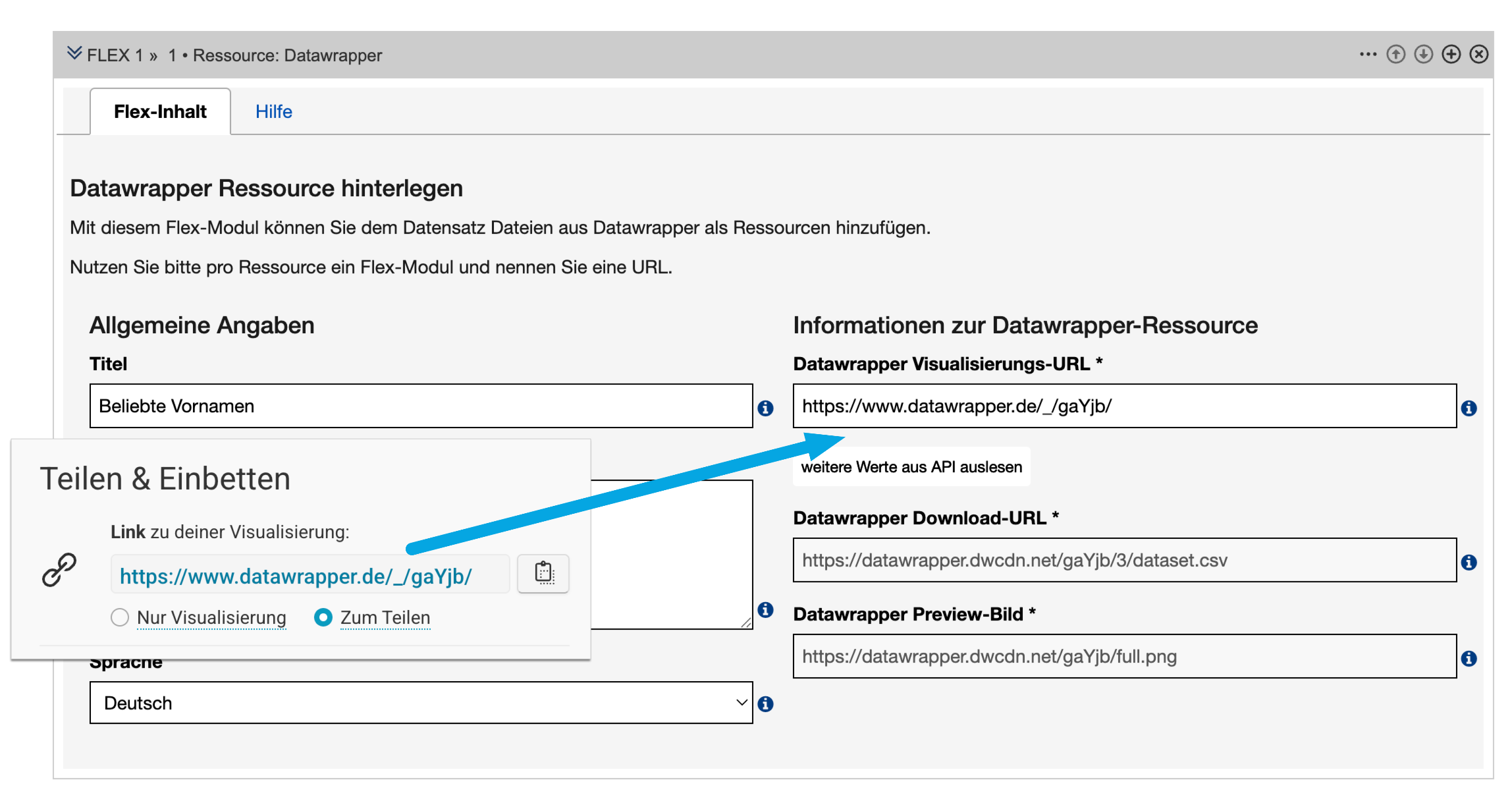 Kopieren des Datawrapper-Links ins Datawrapper-Flexmodul