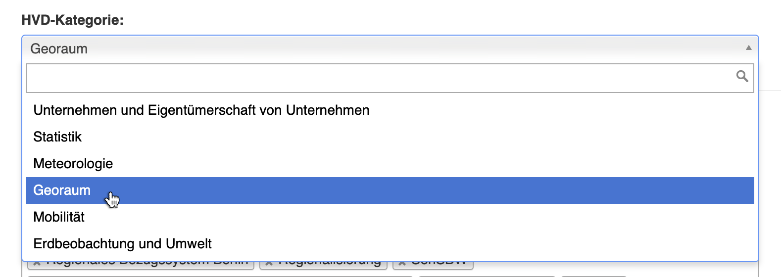 Zuweisung der HVD-Kategorie „Georaum“ zum Datensatz „Adressen - [WFS]“ im Datenregister