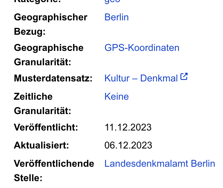 Die Verknüpfung des Datensatzes „Denkmale - [WFS]“ mit dem Musterdatensatz „Kultur – Denkmal“ wird im Datenportal als externer Link dargestellt.