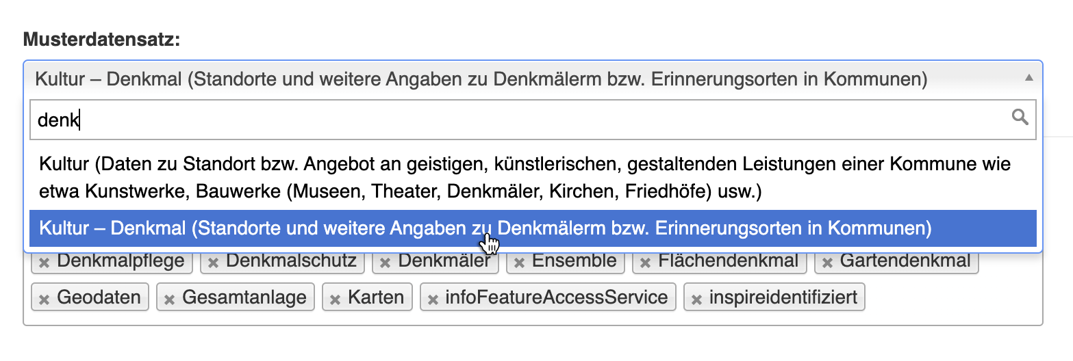 Verknüpfung des Datensatzes „Denkmale - [WFS]“ mit dem Musterdatensatz „Kultur – Denkmal“ im Datenregister